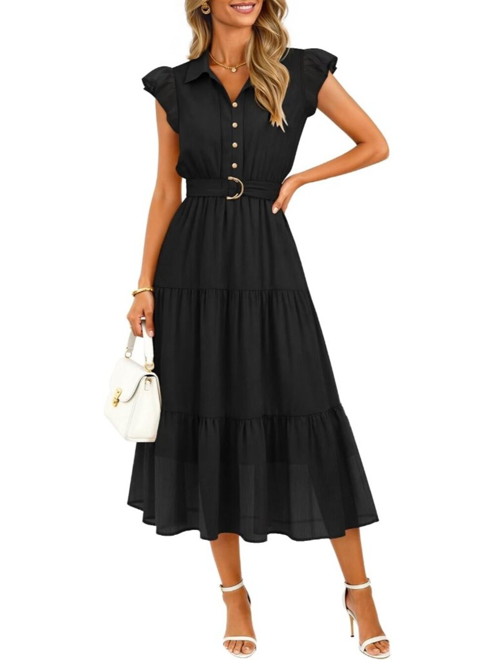 Women's Black Short Sleeve Button Down Casual Floral Imported MIDI Dress